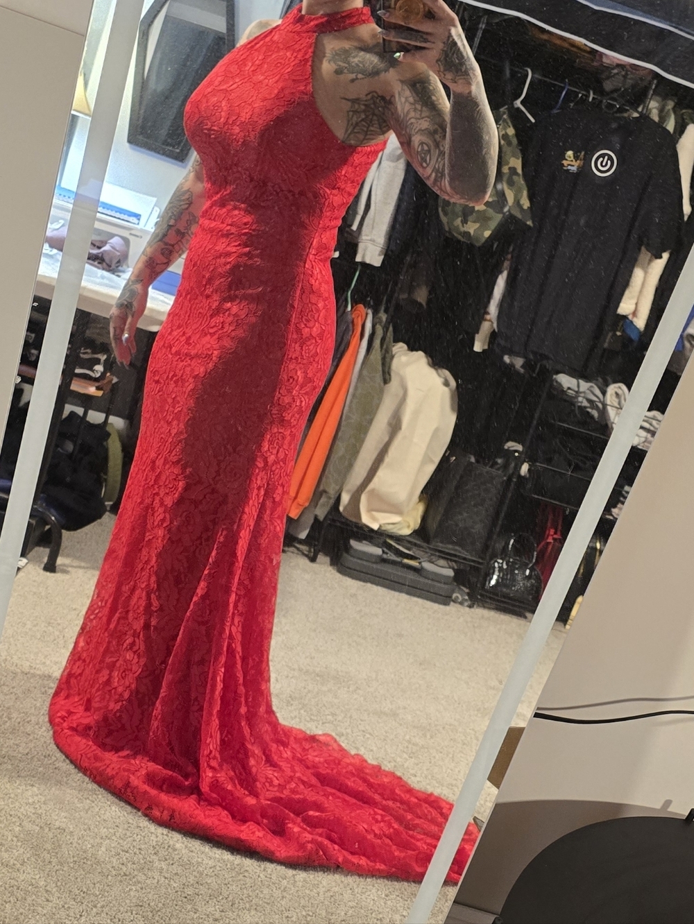 Elegant Red Lace Halter Evening Gown